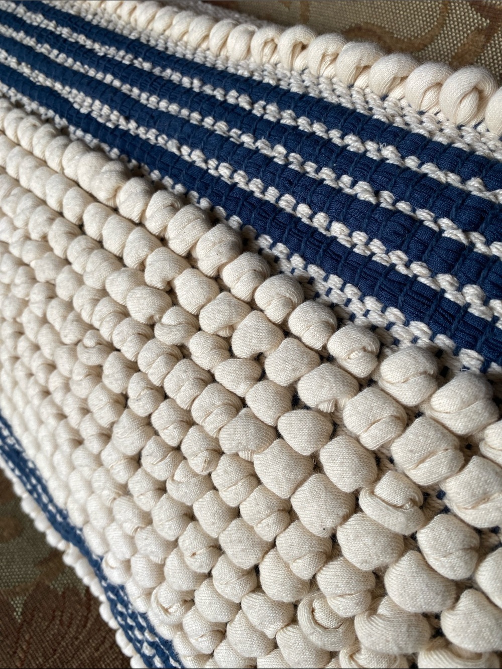 Textured Woven Lumbar Pillow with Navy Stripes - Picture 2 of 3